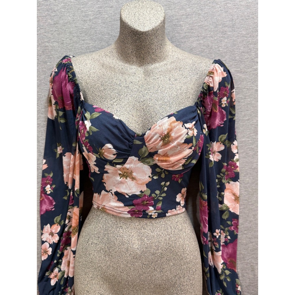Windsor Floral Mesh Crop Top Womens Size S Navy Blue Long Sleeve Coquette Casual